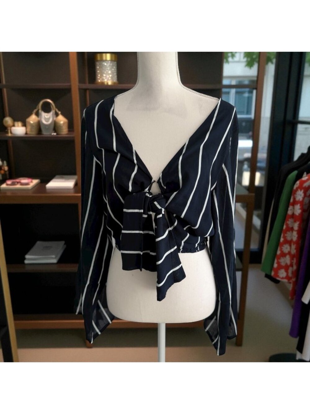 FAITHFULL Navy Blue White Cutout Long Sleeve Top Size US 6